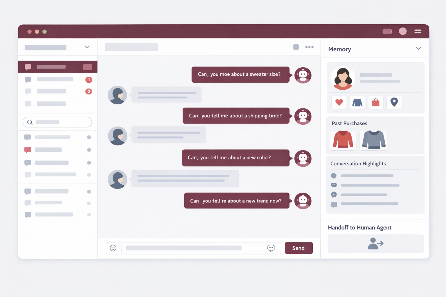 Customer support inbox mockup with an AI memory panel showing customer preferences and history
