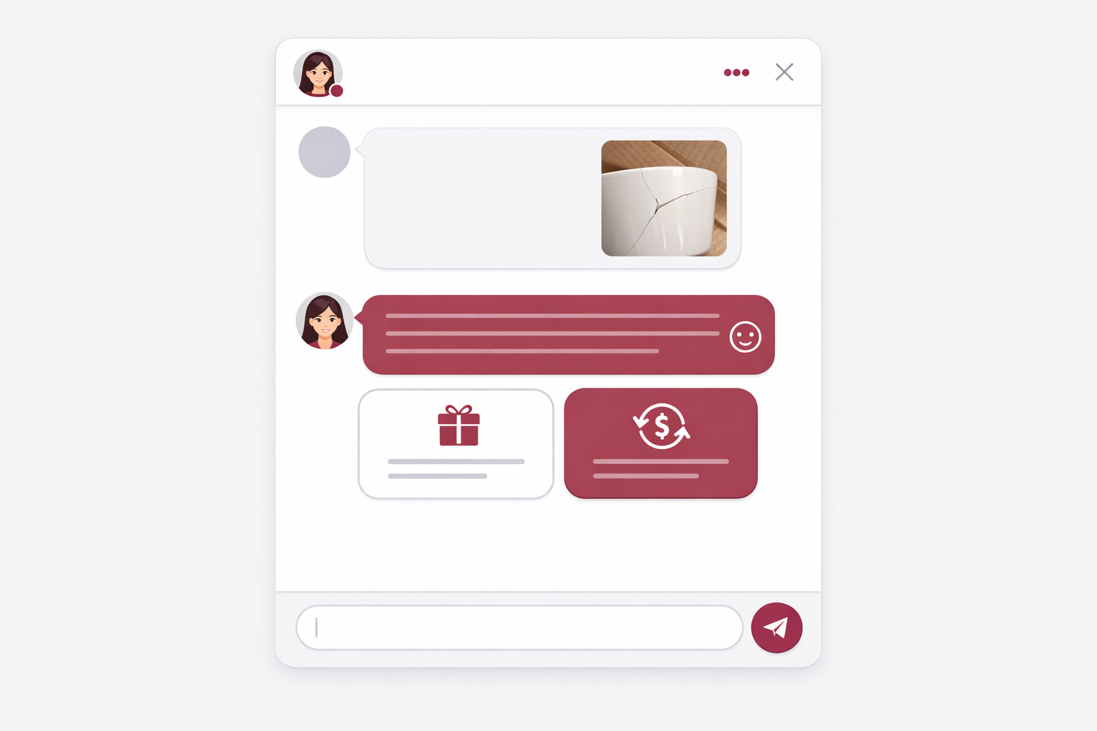Live chat UI mockup showing a customer sending a photo of a cracked product and an AI assistant responding