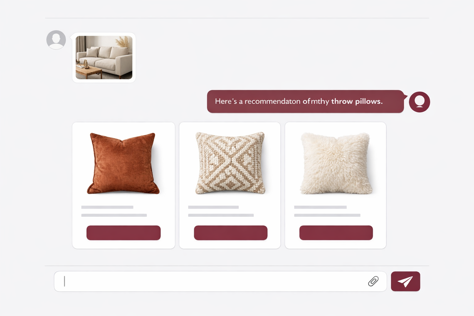 Live chat UI mockup showing a customer photo of a couch and AI product recommendations for matching throw pillows