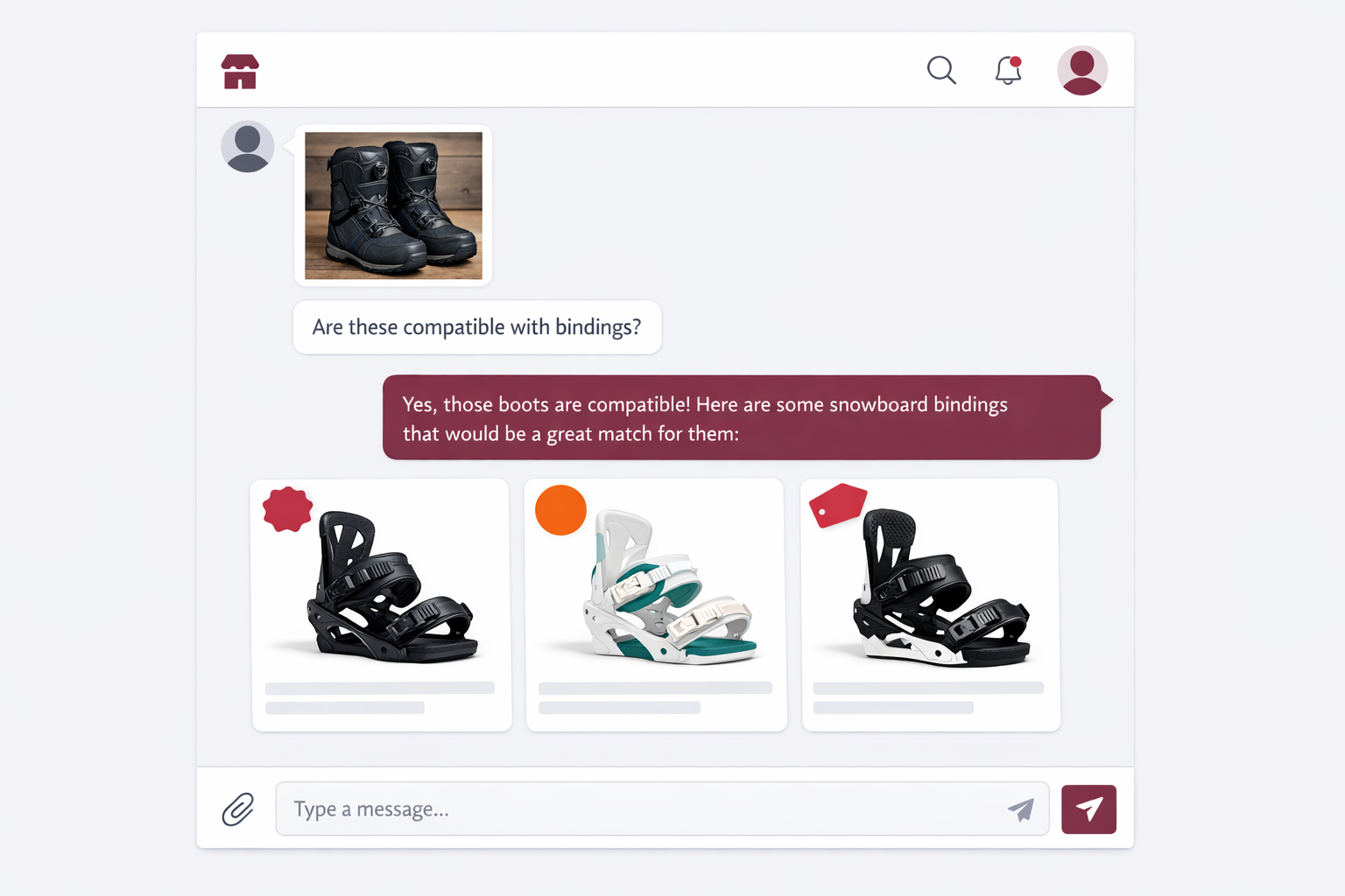 UI mockup showing a customer sending a photo and an AI assistant recommending compatible products in Shopify live chat