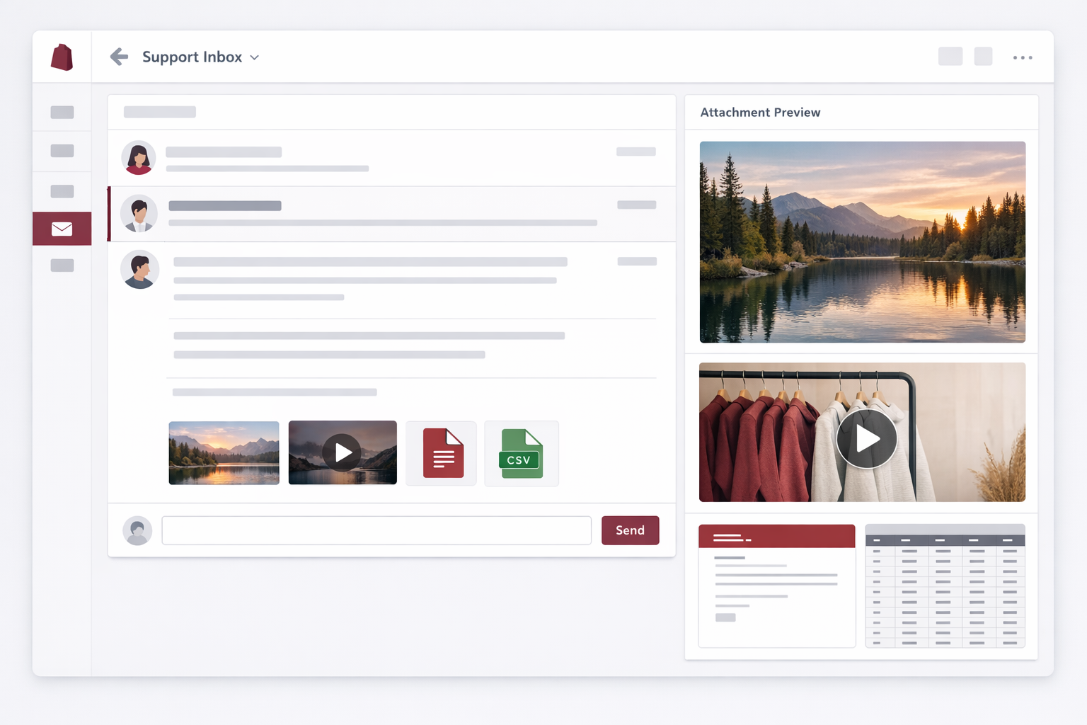 Email support inbox mockup showing attachment previews inside a Shopify customer support thread