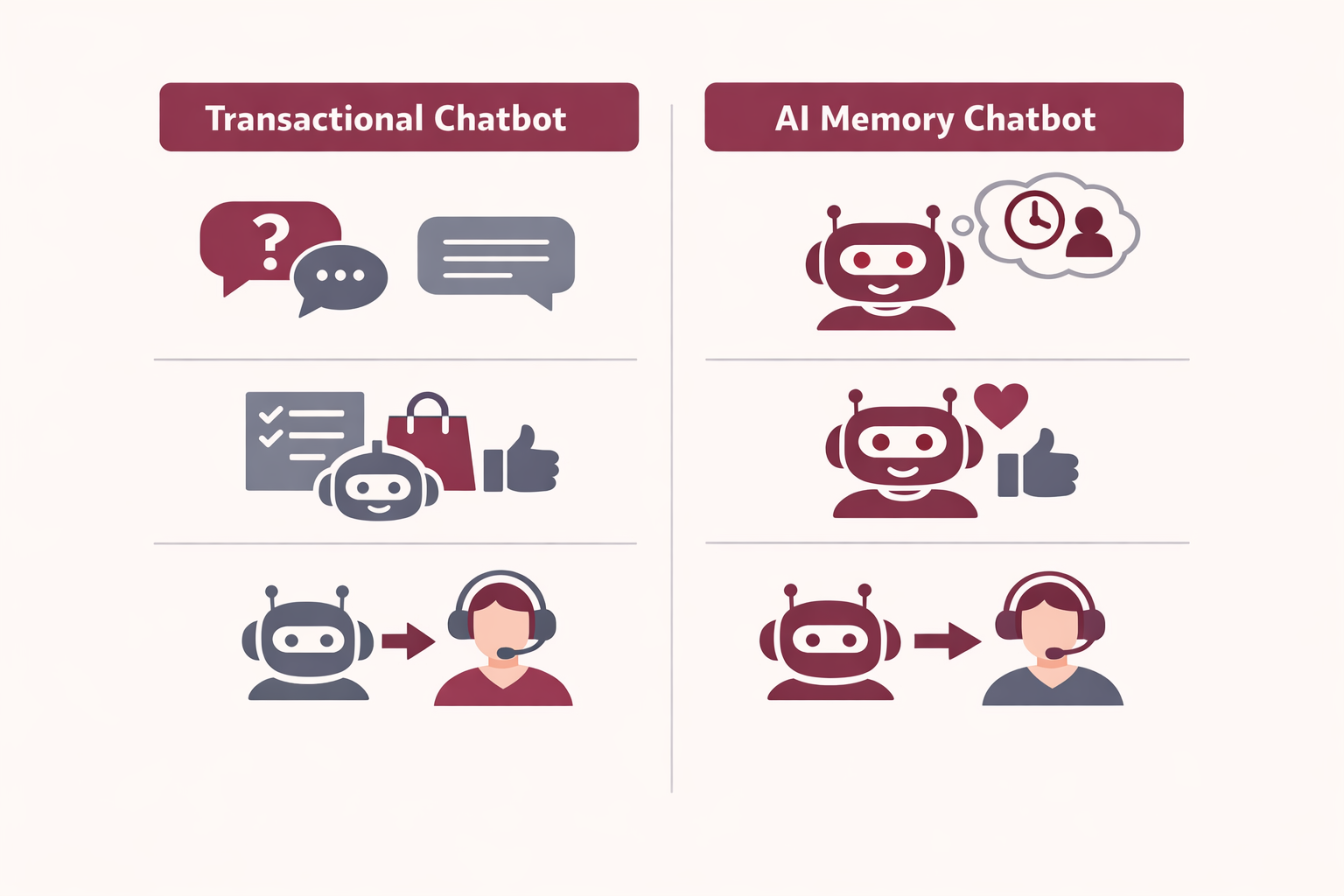 Comparison graphic of transactional Shopify live chat versus an AI memory chatbot experience