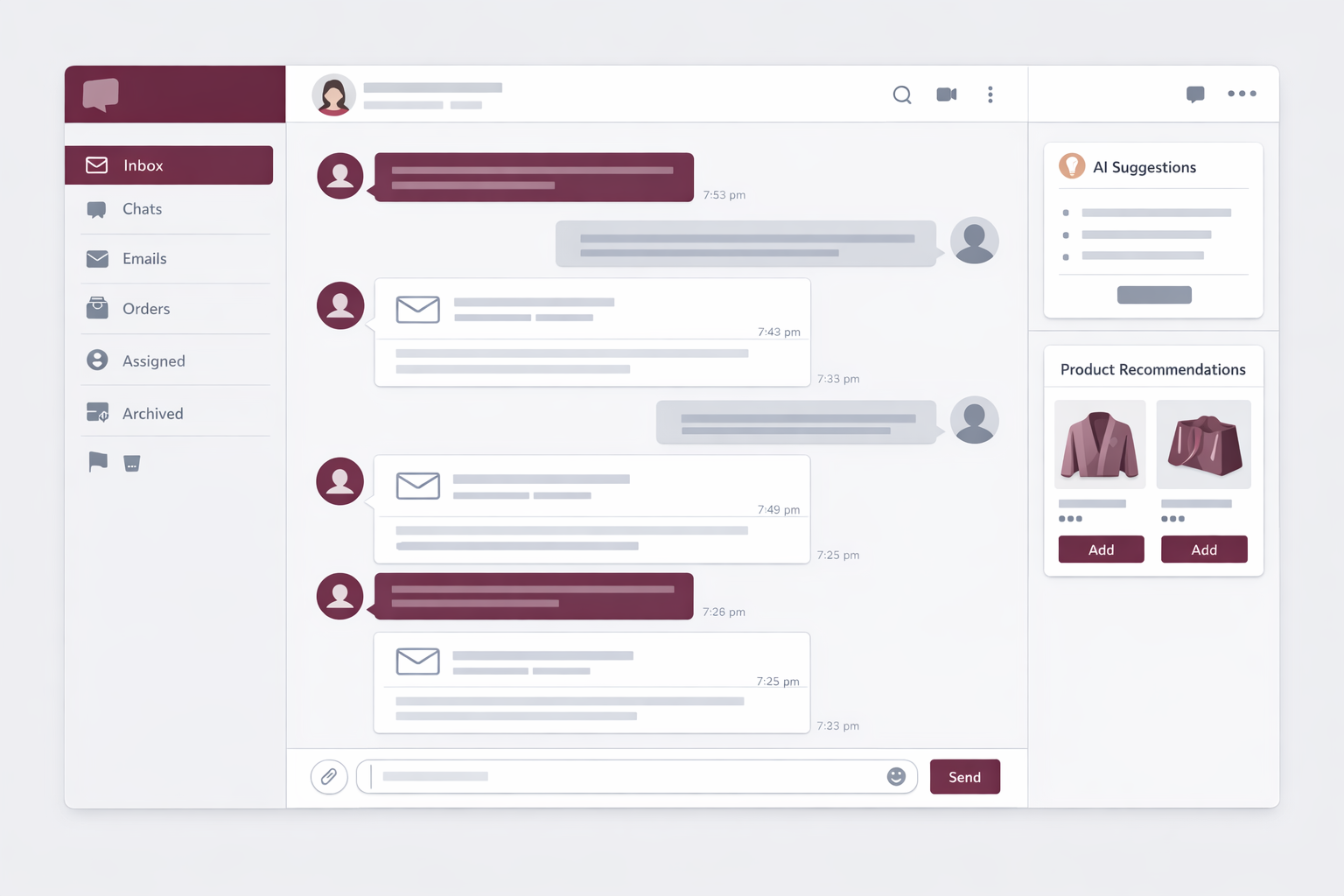 Unified inbox mockup combining Shopify live chat and email messages in a single thread